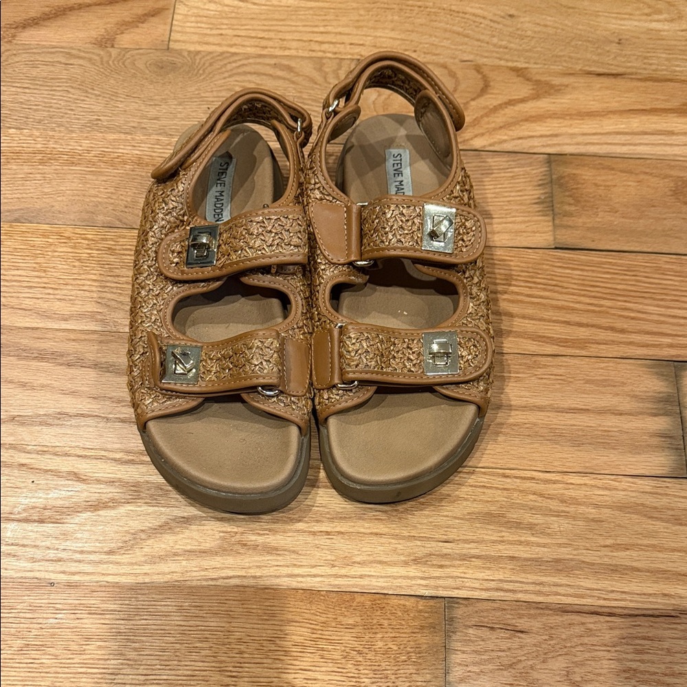 Steve Madden Kids Braided Strap Tan Sandals with Buckle Accents